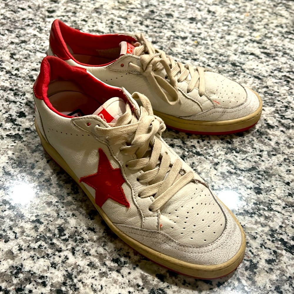 Golden Goose Ballstar Sneakers in White Leather with Red Star and Heel Tab